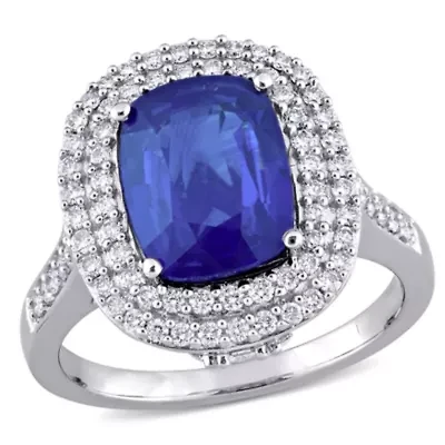 Cushion Blue Sapphire and 1 CT TW Diamond Halo Cocktail Ring 14k White Gold