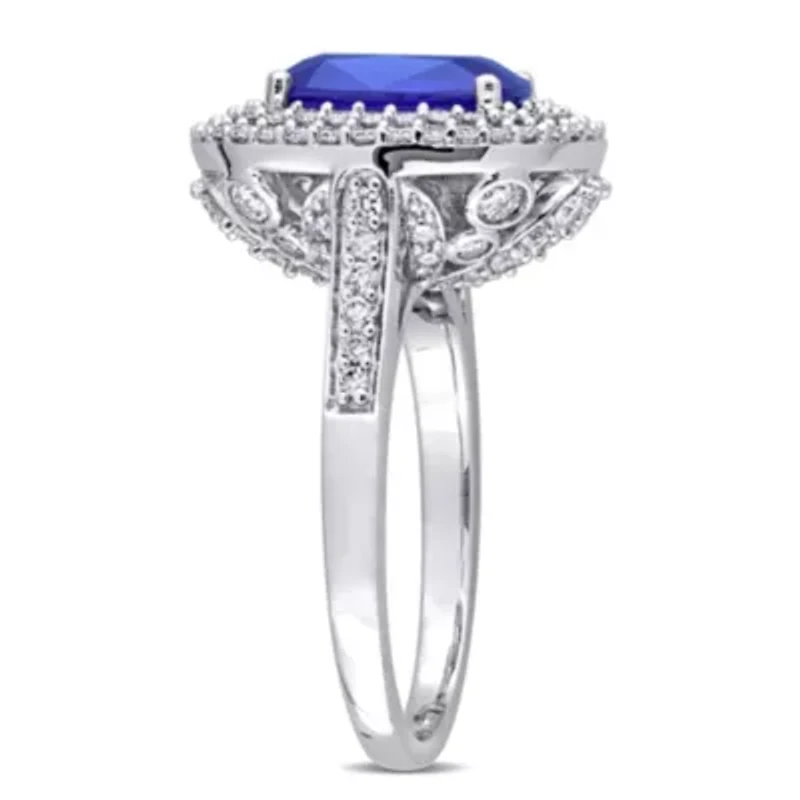 Cushion Blue Sapphire and 1 CT TW Diamond Halo Cocktail Ring 14k White Gold
