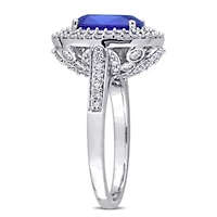 Cushion Blue Sapphire and 1 CT TW Diamond Halo Cocktail Ring 14k White Gold