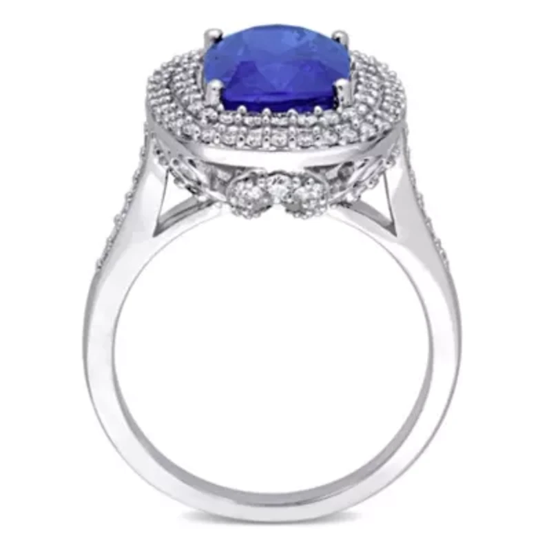 Cushion Blue Sapphire and 1 CT TW Diamond Halo Cocktail Ring 14k White Gold