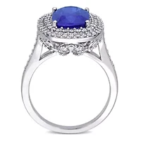 Cushion Blue Sapphire and 1 CT TW Diamond Halo Cocktail Ring 14k White Gold