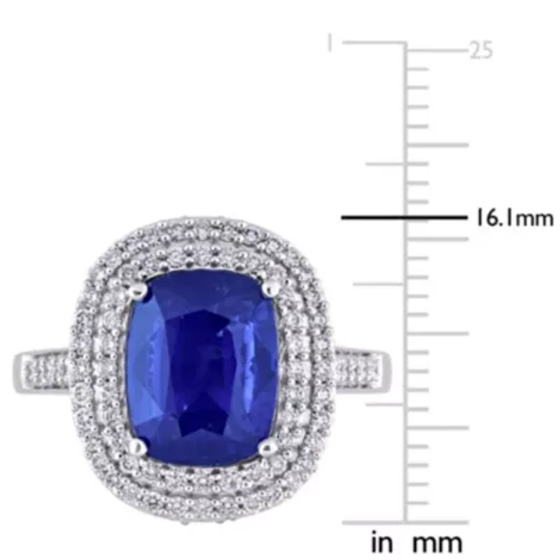 Cushion Blue Sapphire and 1 CT TW Diamond Halo Cocktail Ring 14k White Gold