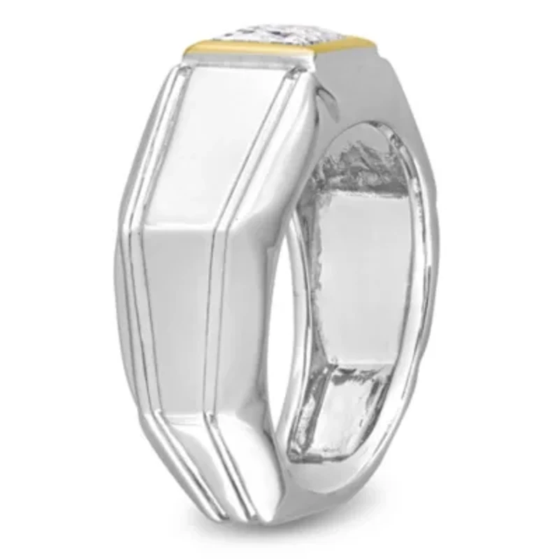 Lab Created Moissanite Solitaire Men's Ring 2-Tone Sterling Silver with Yellow Gold Plating