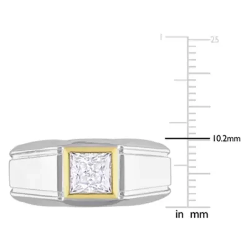 Lab Created Moissanite Solitaire Men's Ring 2-Tone Sterling Silver with Yellow Gold Plating