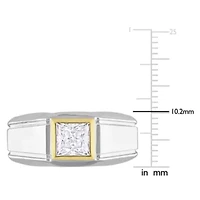 Lab Created Moissanite Solitaire Men's Ring 2-Tone Sterling Silver with Yellow Gold Plating