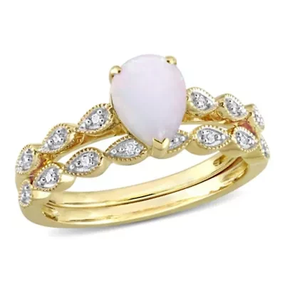 Opal and Diamond Accent Vintage Design Bridal Ring Set 10k Yellow Gold