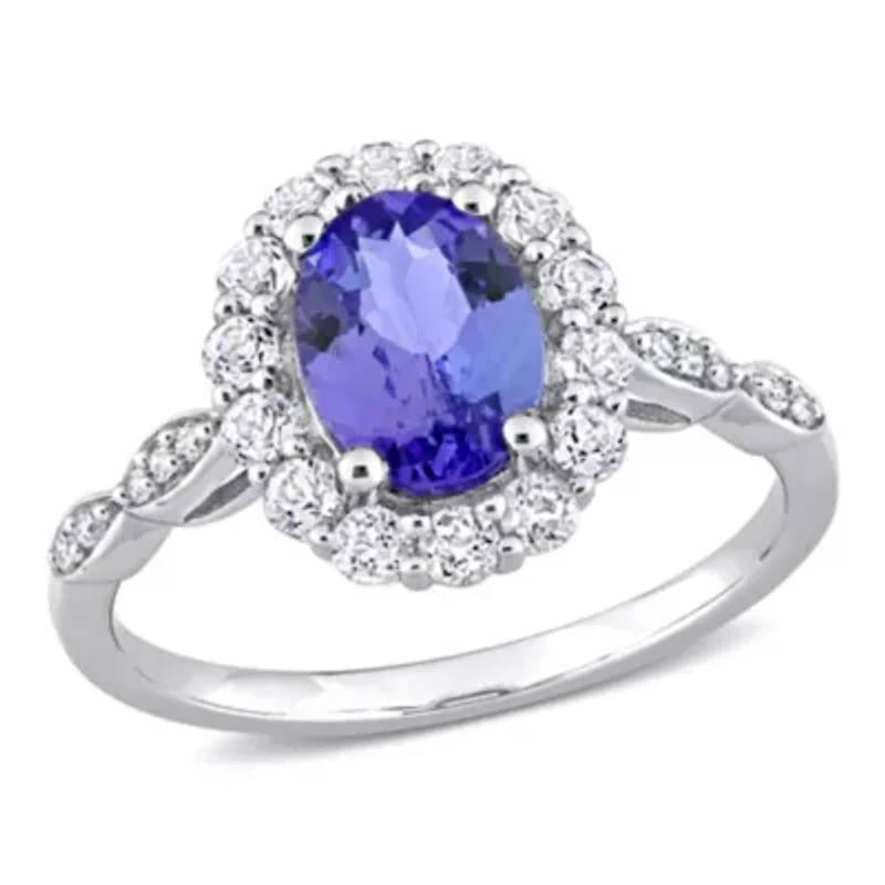 Oval Shape Tanzanite, White Topaz and Diamond Accent Vintage Halo Ring 14k Gold