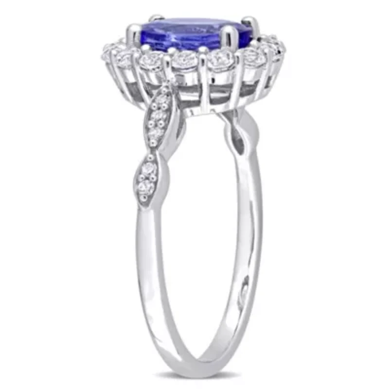 Oval Shape Tanzanite, White Topaz and Diamond Accent Vintage Halo Ring 14k Gold