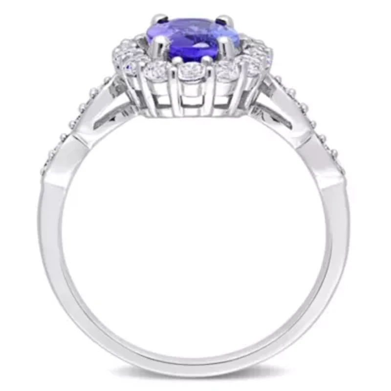 Oval Shape Tanzanite, White Topaz and Diamond Accent Vintage Halo Ring 14k Gold