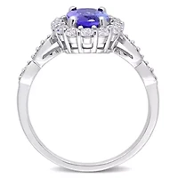 Oval Shape Tanzanite, White Topaz and Diamond Accent Vintage Halo Ring 14k Gold