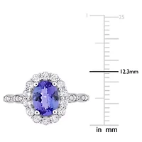 Oval Shape Tanzanite, White Topaz and Diamond Accent Vintage Halo Ring 14k Gold