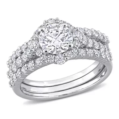 Lab Created 2 CT DEW Moissanite Halo Bridal Ring Set Sterling Silver