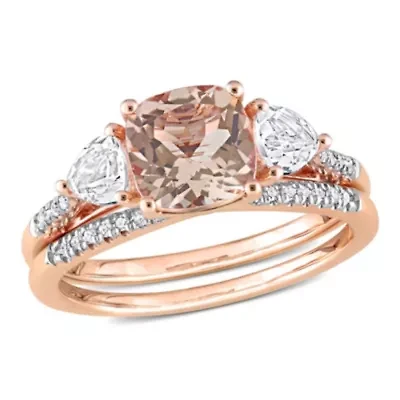 Morganite White Topaz and 1/10 CT TW Diamond Bridal Ring Set 10k Rose Gold