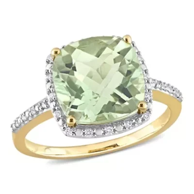 Green Quartz and 1/10 CT TW Diamond Halo Cocktail Ring 14k Yellow Gold