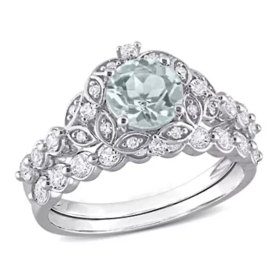 Aquamarine and White Topaz with Diamond Accent Vintage Design Bridal Ring Set 10k Gold