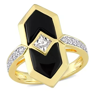 Lab Created Black Onyx and White Sapphire Geometrical Ring Yellow Plated Sterling Silver