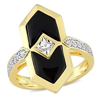 Lab Created Black Onyx and White Sapphire Geometrical Ring Yellow Plated Sterling Silver
