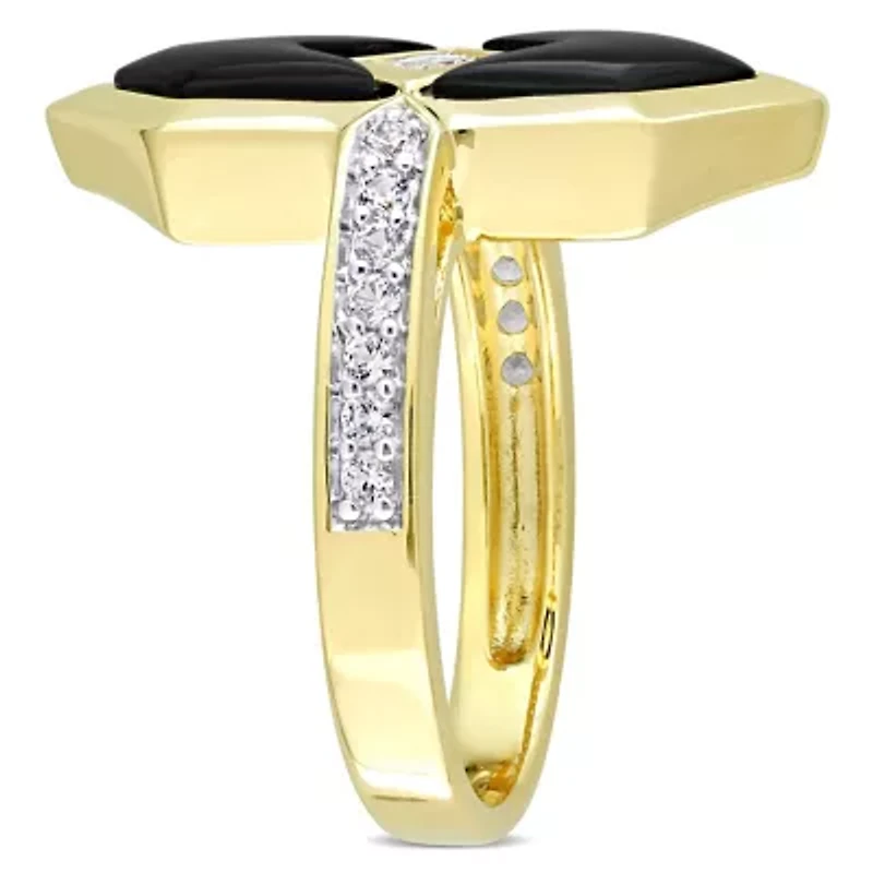 Lab Created Black Onyx and White Sapphire Geometrical Ring Yellow Plated Sterling Silver