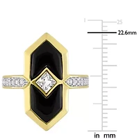 Lab Created Black Onyx and White Sapphire Geometrical Ring Yellow Plated Sterling Silver