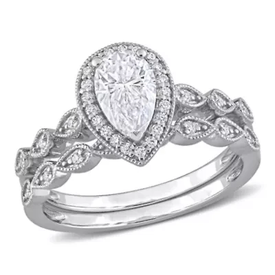Lab Created Moissanite Teardrop Halo Bridal Ring Set Sterling Silver