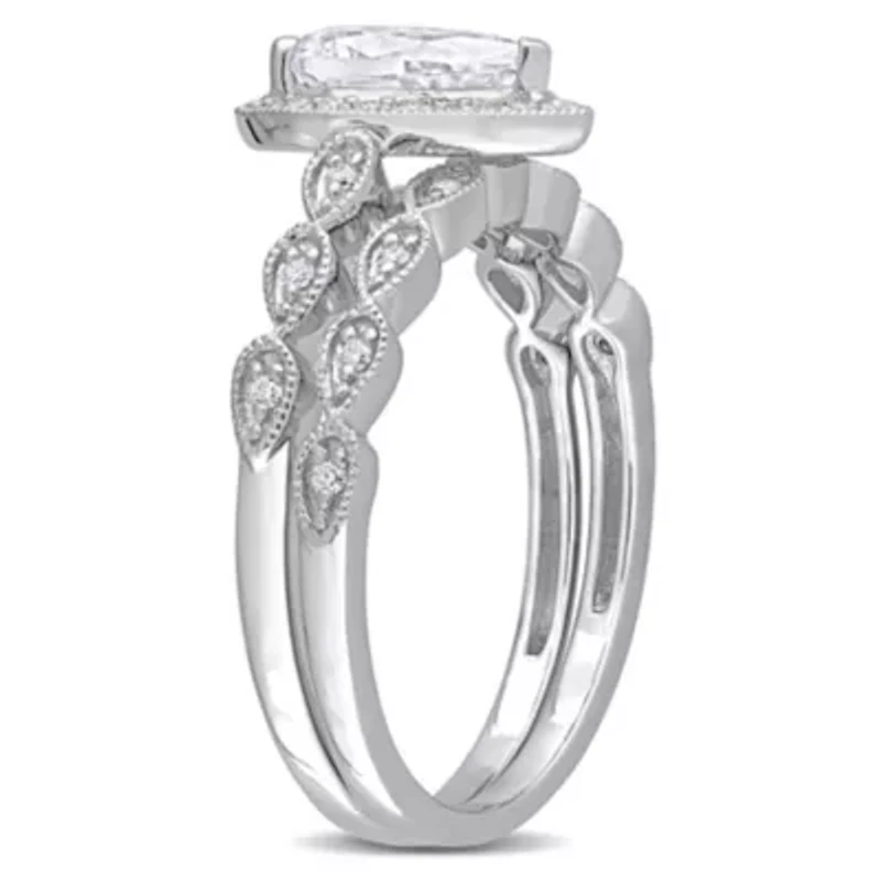 Lab Created Moissanite Teardrop Halo Bridal Ring Set Sterling Silver