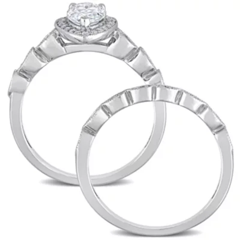 Lab Created Moissanite Teardrop Halo Bridal Ring Set Sterling Silver