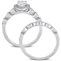 Lab Created Moissanite Teardrop Halo Bridal Ring Set Sterling Silver