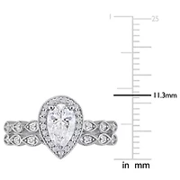 Lab Created Moissanite Teardrop Halo Bridal Ring Set Sterling Silver