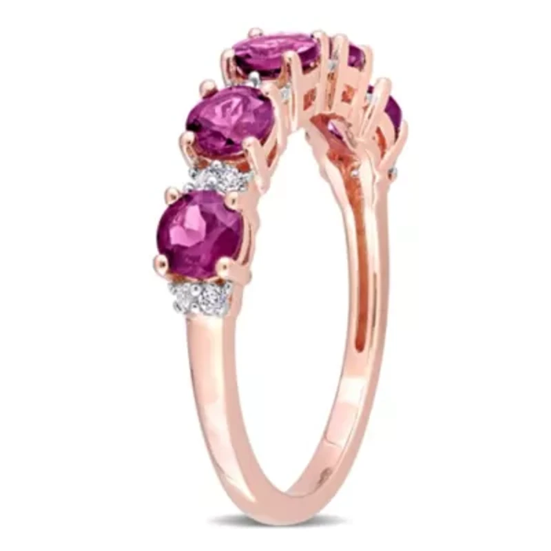 Rhodolite and White Topaz Semi Eternity Ring Rose Gold Plated Sterling Silver