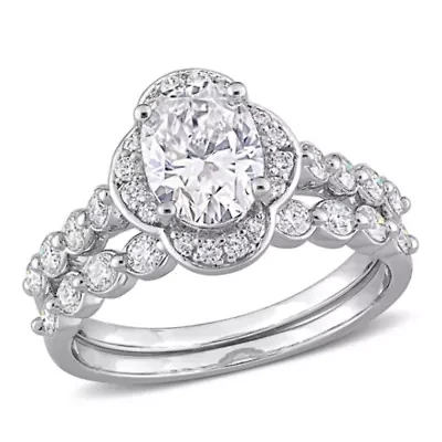 Lab Created Moissanite Cluster Halo Bridal Ring Set Sterling Silver