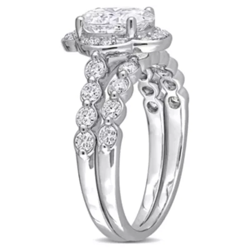 Lab Created Moissanite Cluster Halo Bridal Ring Set Sterling Silver