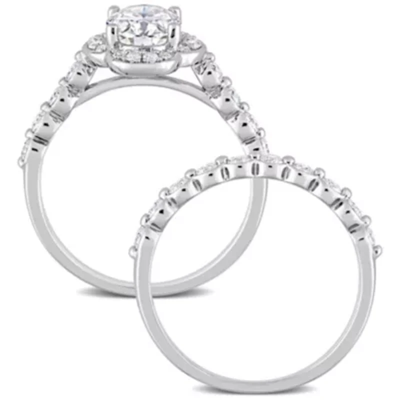 Lab Created Moissanite Cluster Halo Bridal Ring Set Sterling Silver