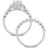 Lab Created Moissanite Cluster Halo Bridal Ring Set Sterling Silver