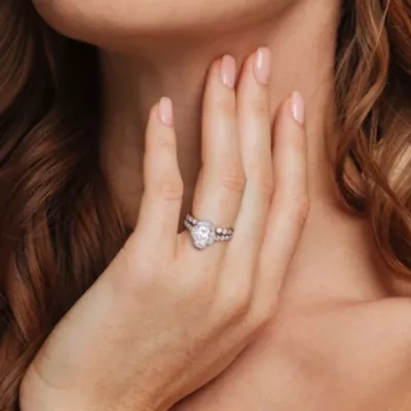 Lab Created Moissanite Cluster Halo Bridal Ring Set Sterling Silver