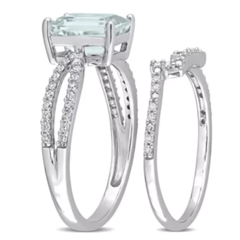 Octagon Aquamarine and 1/3 CT TW Diamond Bridal Ring Set 14k White Gold