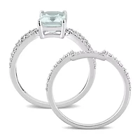 Octagon Aquamarine and 1/3 CT TW Diamond Bridal Ring Set 14k White Gold