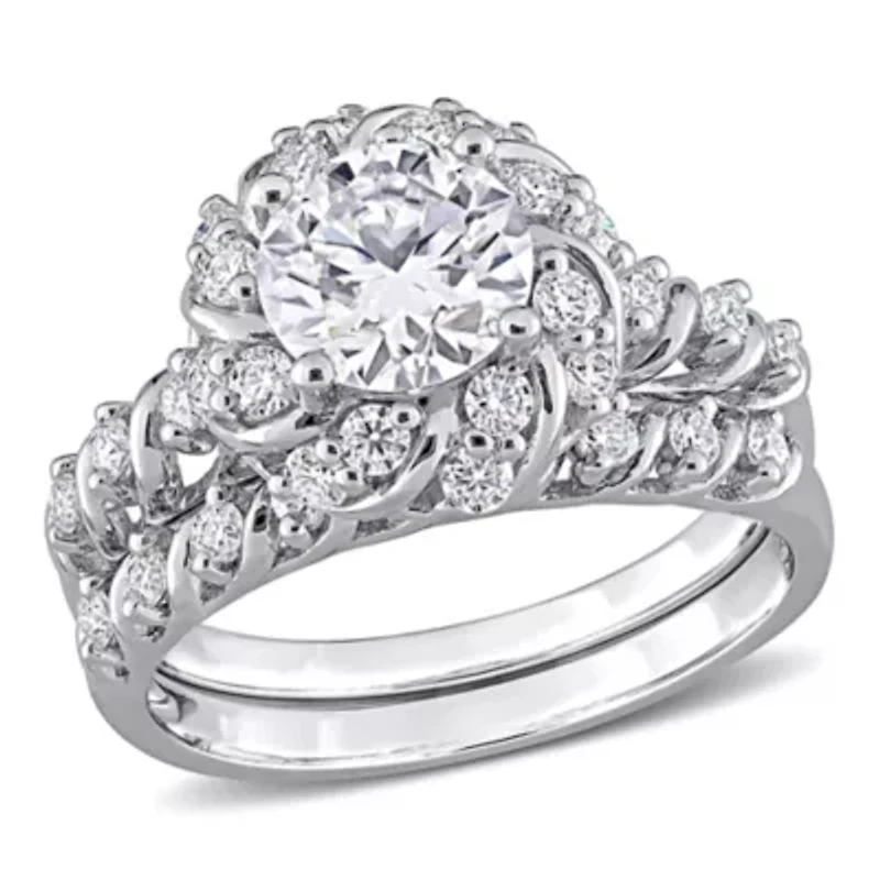 Lab Created Moissanite Halo Bridal Ring Set Sterling Silver
