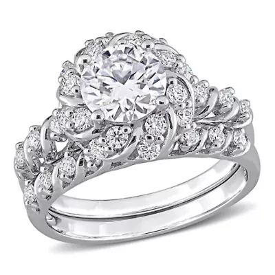 Lab Created Moissanite Halo Bridal Ring Set Sterling Silver