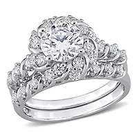 Lab Created Moissanite Halo Bridal Ring Set Sterling Silver