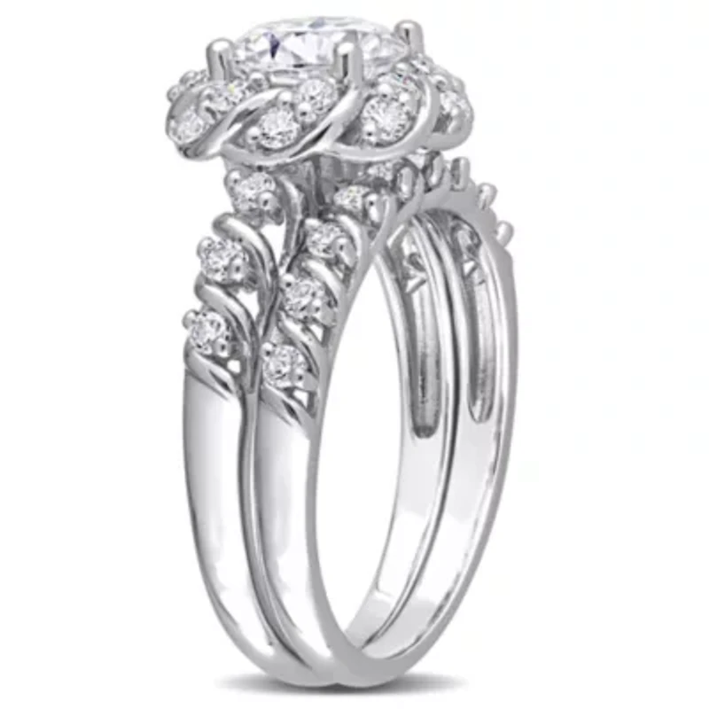 Lab Created Moissanite Halo Bridal Ring Set Sterling Silver
