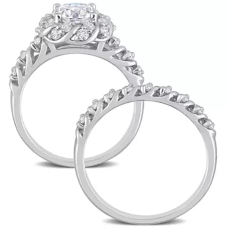 Lab Created Moissanite Halo Bridal Ring Set Sterling Silver