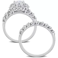 Lab Created Moissanite Halo Bridal Ring Set Sterling Silver