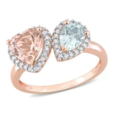 Heart Shape Morganite Pear Aquamarine and 1/5 CT TW Diamond Ring 14k Rose Gold
