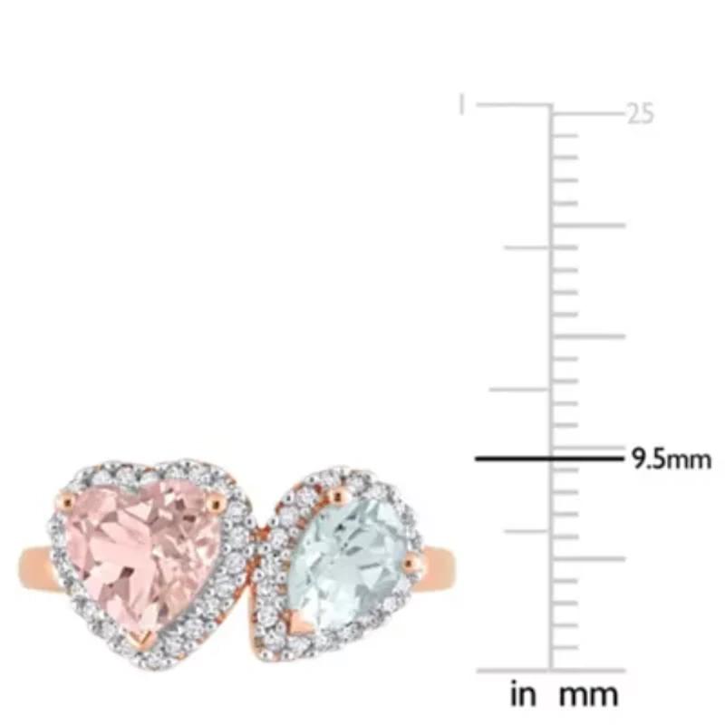 Heart Shape Morganite Pear Aquamarine and 1/5 CT TW Diamond Ring 14k Rose Gold