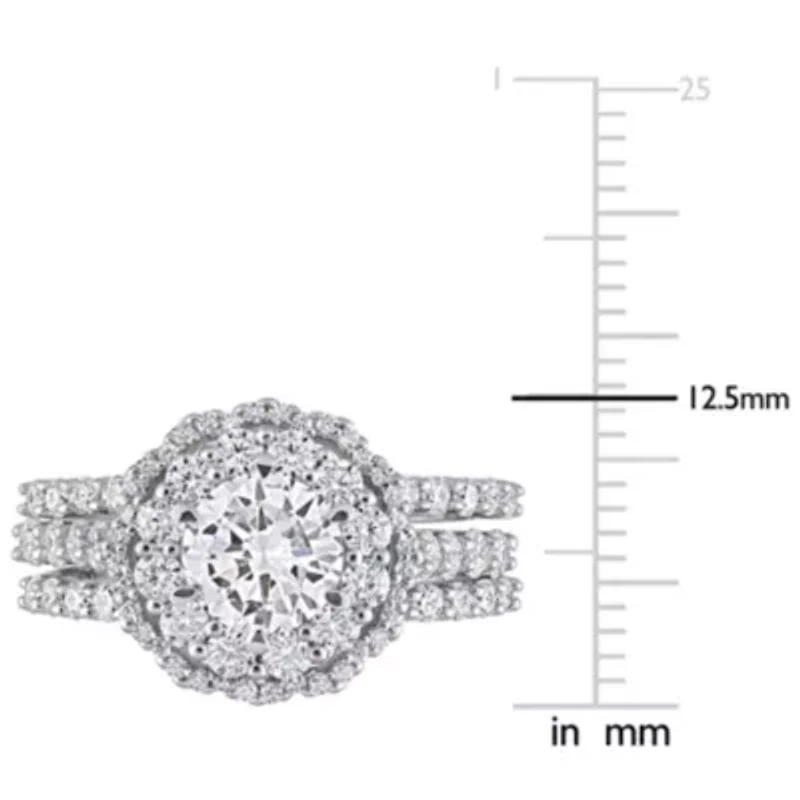 Lab Created 2 CT DEW Moissanite Halo Bridal Ring Set Sterling Silver