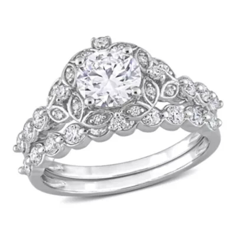 Lab Created Moissanite Halo Bridal Ring Set Sterling Silver