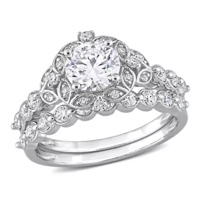 Lab Created Moissanite Halo Bridal Ring Set Sterling Silver