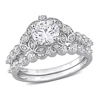 Lab Created Moissanite Halo Bridal Ring Set Sterling Silver