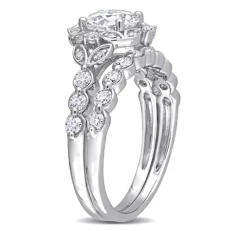 Lab Created Moissanite Halo Bridal Ring Set Sterling Silver