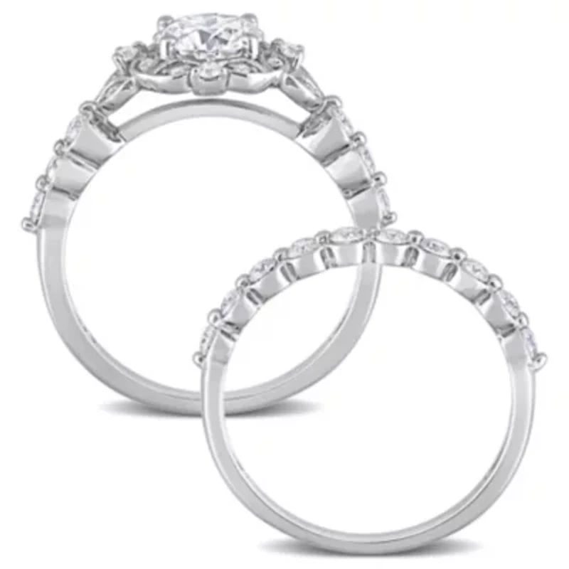 Lab Created Moissanite Halo Bridal Ring Set Sterling Silver